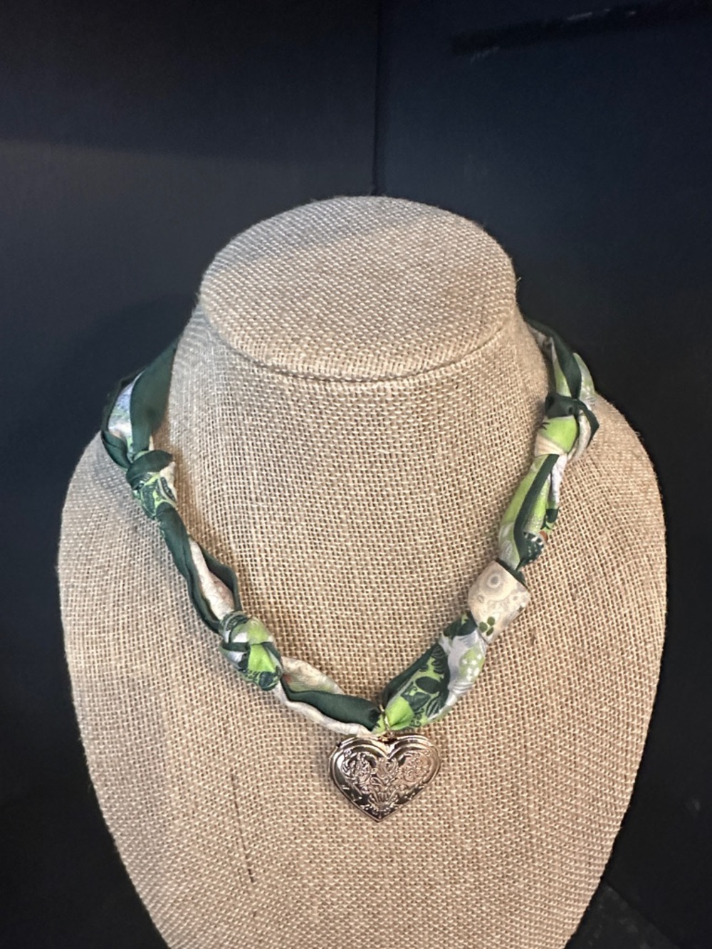 Green Twisted Silk Necklace with Silver Heart Charm